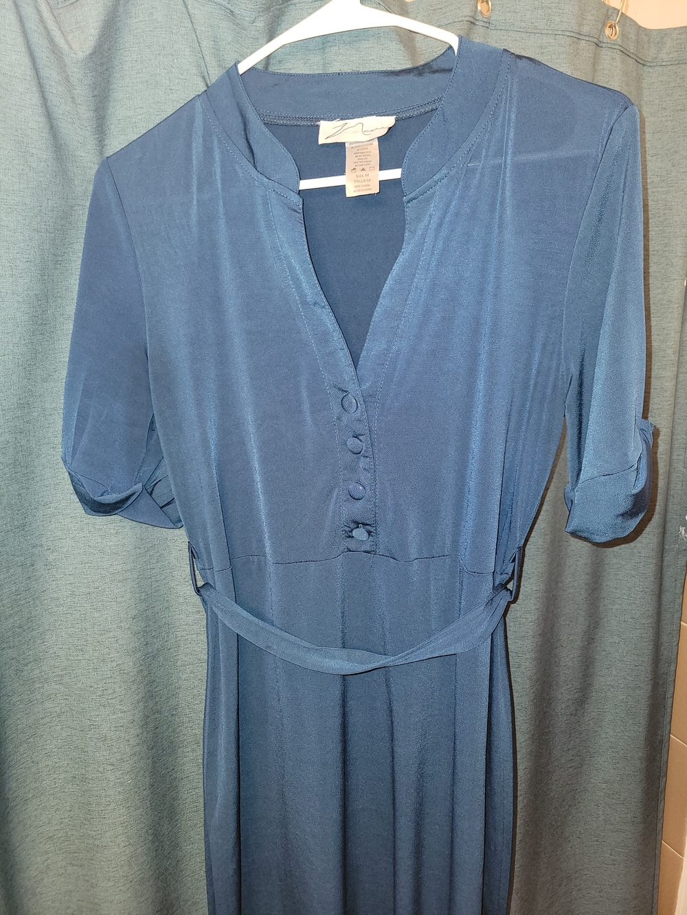 Blue Belted Midi Dress - Soft Button Front